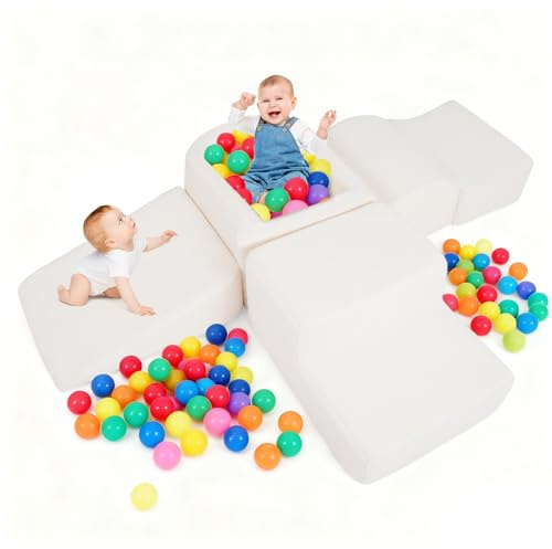 FANTASK 5-teilige Schaumstoffbausteine XXL, Riesen Kletterblöcke mit Bällebad, Großbausteine zum Toben & Klettern, Soft Spielbausteine für Zuhause, Kinderzimmer & Spielzimmer (Beige, Sherpa-Stoff)