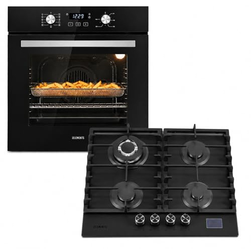 Aqua Clean - Juego de cocina de gas (60 cm, horno empotrable, 4 focos, placa de gas con temporizador, seguridad para niños, parrilla, aire caliente)