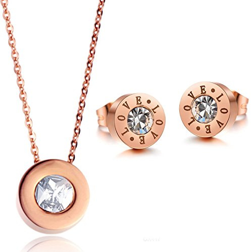 Kim Johanson Edelstahl Damen Schmuckset Love Halskette mit Anhänger & Ohrringe in Roségold mit Zirkonia Steinchen besetzt inkl. Schmuckbeutel