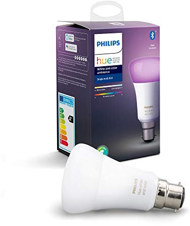 Philips Hue White and Colour Ambiance LED Smart Light Bulb 1 Pack [B22 Bayonet Cap] 60W Equivalent, with Bluetooth, Works with Alexa, Google Assistant and Apple Homekit.