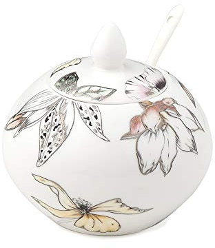 HERVIT Azucarero ovalado BLOOMS de porcelana blanca con flores 10 cm 28074