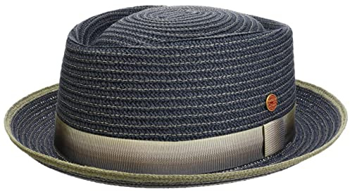 Mayser Andy Pork Pie Strohhut Sommerhut Sonnenhut Porkpie Pork-Pie-Hut Strandhut Herren - Made in The EU mit Ripsband, Ripsband Frühling-Sommer - 60 cm blau