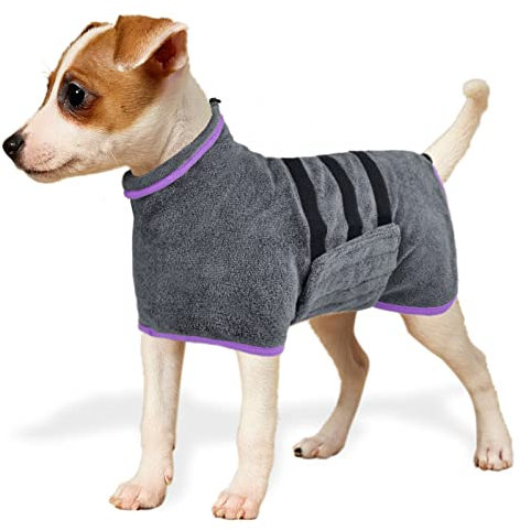 KATELUO Mikrofaser Hundebademantel mit Klettverschluss, Schnell Trocknend Hunde Bademantel, für Katzen und Kleine bis Mittelgroße Hunde, Verwendet nach dem Baden, Schwimmen, Regen. (Grau - M)