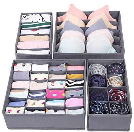 Faltbarer Unterwäsche-Organisator mit Schubladenteiler für 4 Sets Socken und Schals (Dunkelgrau)