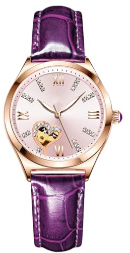 RORIOS Mode Damen Uhren Automatische Mechanische Uhren mit Lederband Skelett Leuchtend Damen Armbanduhren(Rosa)