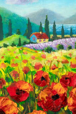 adrium Leinwand-Bild 50 x 80 cm: Vertikales Ölgemälde Schöne Sommerlandschaft mit feldroten Blumenmohnblumen, kleinem Haus und Zypressen in der Toskana, Italien(156097045)