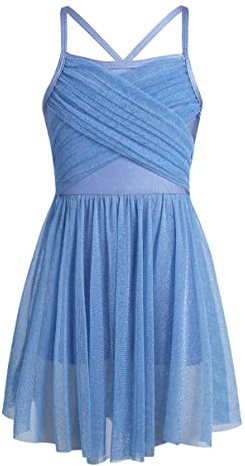 dPois Girls Lyrical Ballet Dance Dress Spaghetti Cami High-Waist Ruffled Ballerina Skirt Ballroom Dancing Costume Light Blue 11-12 Years