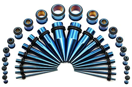 Dehnstäbe Chirurgenstahl, Piercing Ohr Tunnel Set mit 36PCS Blau Kegelreifen Body Piercing Schmuck Geschenk Kit