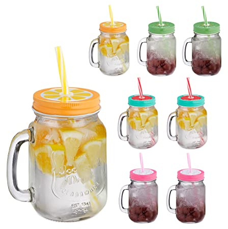 Relaxdays Trinkgläser mit Deckel und Strohhalm, 8er Set, Früchte-Motiv, 500 ml, Sommer, Limonadengläser mit Henkel, bunt, Transparent, Grün, Orange