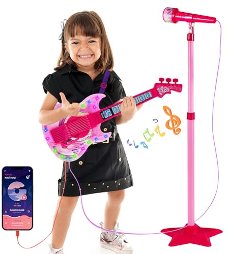 Guitar and Microphone Play Set for Girls,Karaoke Machine with Music&Light,Microphone Toys with Stand,Adjustable Height Guitar Toys for Kids,Toddlers,Child(Red)