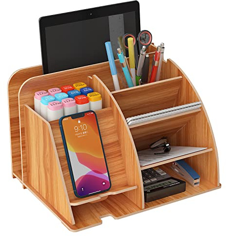 Schreibtisch-Organizer aus Holz mit Telefon-Dockingstation | Büro-Schreibwaren Schreibtisch-Aufräum-Organizer Stifthalter Aufbewahrungsbox Schreibtischzubehör(Kirsche)