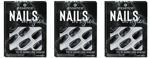 essence nails in style, Künstliche Fingernägel, Nr. 17, Schwarz, Expressergebnis, sofortiges Ergebnis, glänzend, farbintensiv, Nanopartikel frei, 3er Pack (3x12pcs)