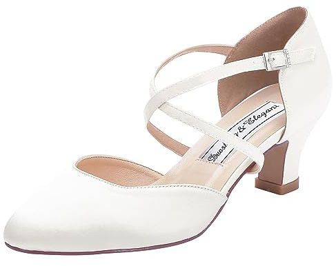 Duosheng & Elegant Punta Chiusa HC1921 Cross Ties Fibbia Scarpe da Sposa per Le Donne Party Tacco Wedding Scarpe da Sposa con Raso Avorio Taglia 38