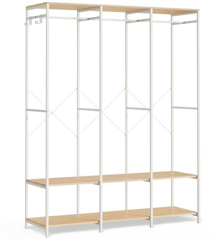 SONGMICS RGR005W67 Öppen garderob, med klädstång, hyllor och avtagbara krokar, 40 x 141 x 180 cm, naturbeige