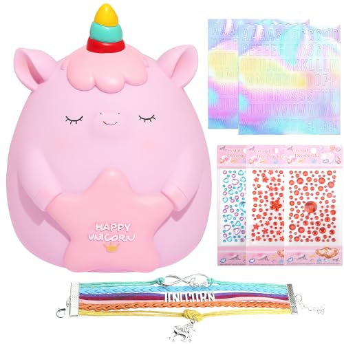 TNSLAND Einhorn Spardose Mädchen Sparschwein Kinder Personalisiert Sparbüchse Money Box Spardosen mit 2 Alphabet Aufkleber 3 Strass Sticker 1 Einhorn Armband Set Geschenke für Geburtstag Festival