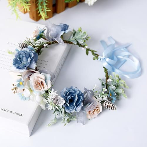 Ghirlanda di fiori, per capelli, con fiori, per ragazze, per matrimoni, cerimonie, feste, festival, azzurro