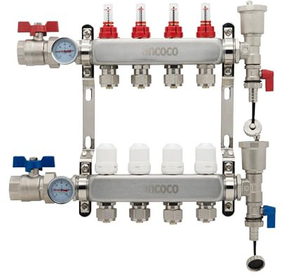 VANCOCO Heizkreisverteiler Edelstahl für 4 Heizkreise mit Eurokonus 3/4 (16×2 mm), Fußbodenheizung Verteiler mit Durchflussmesser, Schnellentlüfter Set, 1 Kugelhähne und Klemmringverschraubung