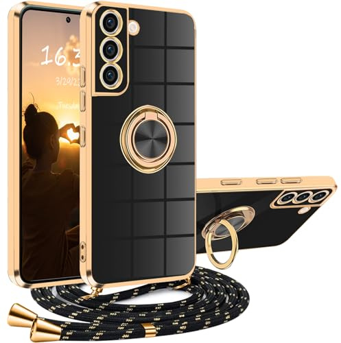 XCYYOO Hülle Samsung Galaxy S21 5G mit Band, Handyhülle Samsung Galaxy S21 mit Kette Kordel Ständer Kratzfest Silikon Handykette Stoßfeste Schutzhülle für S21 Samsung, Schwarz