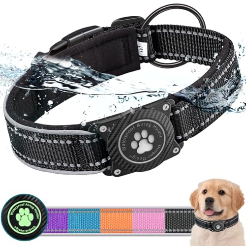 Ytanest Leuchtend AirTag Hundehalsband Halter 100% Wasserdicht Integriertes Apple Air Tag Reflektierend für mittlere große Hunde, Schwarz, L