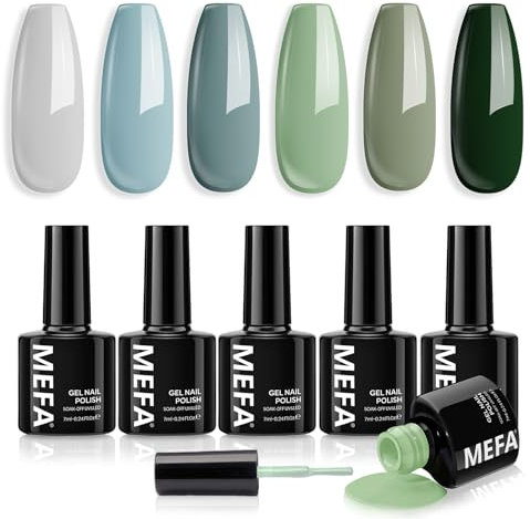 MEFA UV Nagellack, 6 Farben Blau Grün Farben 7 ML Soak Off UV LED Gel Nagellack Schellack Set für Gelnägel Nail Art Kit Maniküre Nageldesign Nägel Selber Machen