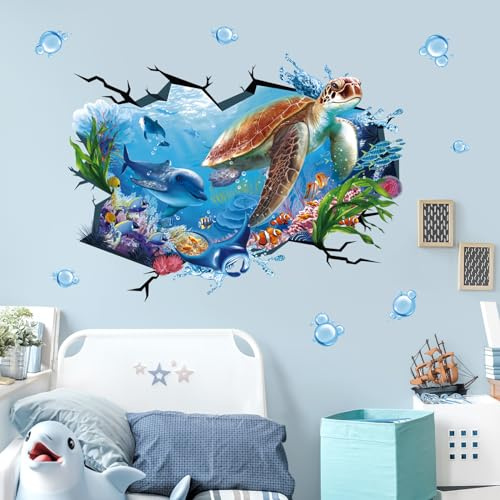 wondever Wandtattoo Unter dem Meer 3d Wandsticker Meeresschildkröte Fisch | Abziehen und Aufkleben, Abziehbar, Wandaufkleber Selbstklebend für Kinderzimmer Babyzimmer Schlafzimmer Wanddeko