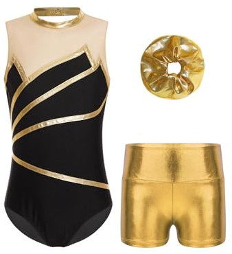 Aiihoo Mädchen Turnanzug Ärmellose Gymnastikanzug Ballettbody mit Kurz Hose Ballett Trikot Tanzkostüm Ballettkleidung W Gold 122-128
