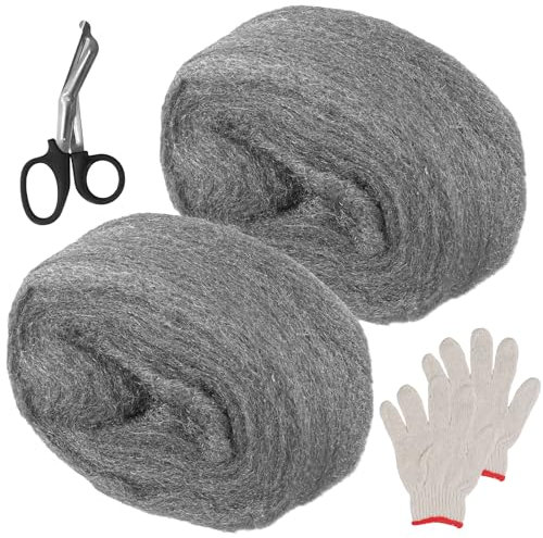 Anseom 2 Pcs Steel Wire Wool Coarse Wire Wool Rats Roll Wire Wool Wall Hole Fill Fabric DIY Kit Wire Wool Mice Grade 0 for Keeps Mice Away Removing Paint 100g with A Pair of Gloves and A Scissor