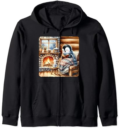 Pingouin lisant près d'une cheminée dans une cabane en rondins, atmosphère chaleureuse Sweat à Capuche