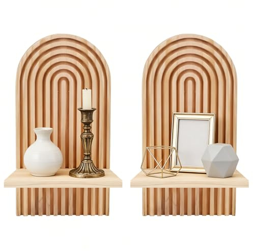 mumisuto 2 Stück Wandregal Holz Boho Wanddeko, Boho Holz Regenbogen Wandregale, 34,5 x 18cm, Böhmische Hängeregal, Moderne Klein Pflanzregal für Wohnzimmer Schlafzimmer Wanddekoration, Holzfarbe