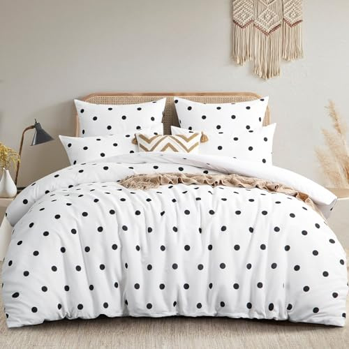 RUIKASI Double Duvet Cover Sets - Polka Dot Double Bedding Set Soft Microfiber Quilt Cover with 2 Pillowcases, Black and White 200x200 cm