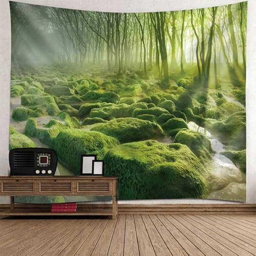 Mesnt Wandteppich Natur, 150x150cm Moosbedeckte Steinbäume Wandteppiche Wandkunst für Schlafzimmer Wohnzimmer | Grün