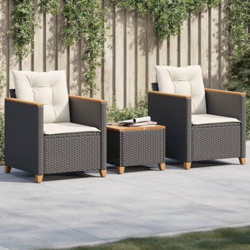Xichuzi 3-TLG. Bistro-Set mit Kissen Schwarz Poly Rattan Akazienholz, Gartenset Tisch Und Stühle, Balkon Möbel Für Kleinen Balkon, Terrassenmöbel, Balkonset, Balkonmöbel, Möbelsets - 366313