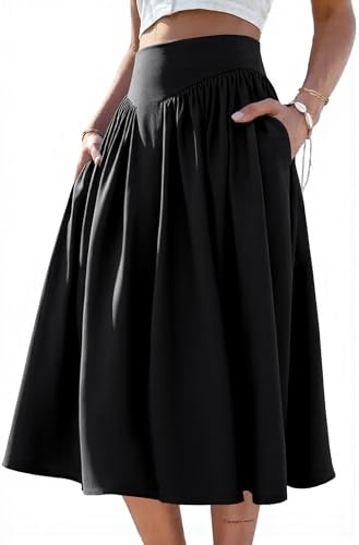 Midi Skirts for Women Summer Pleated Flowy Tea Length Aline Church Renaissance Peasant Dressy Circle Flared Below Knee Calf Gored Long Black Skirt