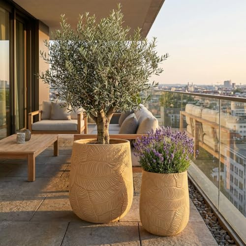 Moderner Designer Blumentopf in Beige mit 3D-Wellenstruktur Blumentopf Groß für In- und Outdoor | Bali, Indonesien, Mediterran Stil | Design Töpfe (2er Set)