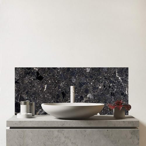Warren Reed - Designer Premium Dark Grey Quartz Effect Glass Bathroom Splashback 6mm Toughened Glass – Water-Resistant Wall Protector for Basins & Sinks, Polished Edges