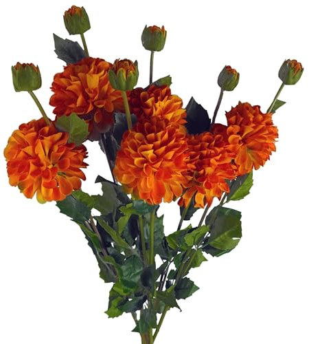 PDL - Pegdev - Pack of 6 Artificial Dahlia PomPom Flower Stems 75cm - Orange - Realistic Silk Flowers for Home Décor