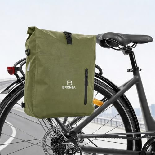 Bronea 3 in 1 Fahrradtasche Wasserdicht - 28L - Rucksack & Umhängetasche, Gepäckträgertasche für Fahrrad, WaterBlock Material, Integrierte Laptoptasche, Schnellmontage Gepäckträger | Olivegreen