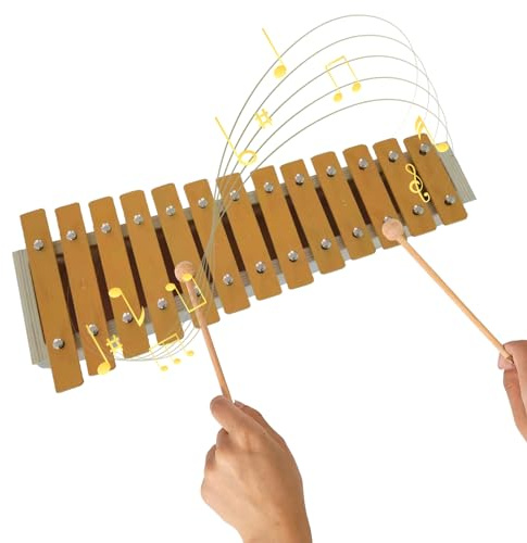 RASTKY Klassisches Holzfarben-Xylophon, 13-Noten-Glockenspiel, Rutschfeste Unterseite, Musikinstrument mit 2 Schlägeln für Anfänger, Natürliche Holzfarbe