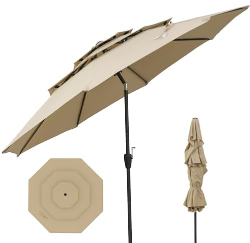GOPLUS Sonnenschirm 300 cm, 3-stöckiger Gartenschirm mit Kurbel, Terrassenschirm beidseitig um 30° knickbar, Balkonschirm stabil, lüftbarer Marktschirm für Garten, Terrasse & Markt, Beige