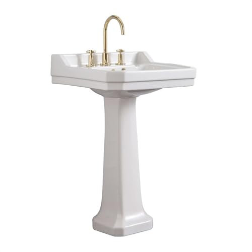 CAFIEDR Lavabo de Pedestal con rebosadero, Lavabo de Pedestal de cerámica Blanco Brillante, Lavabo de Columna clásico con Grifo Dorado y desagüe.