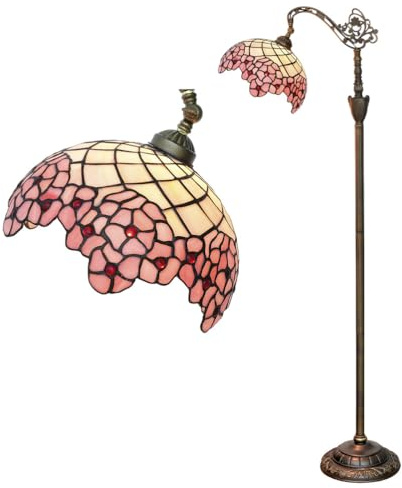 Fiunkes Lámpara de pie arqueada estilo Tiffany con vitral rosa, pantalla de cuentas rojas y flores rosas vintage, cuello de cisne ajustable, luz de lectura de esquina para dormitorio