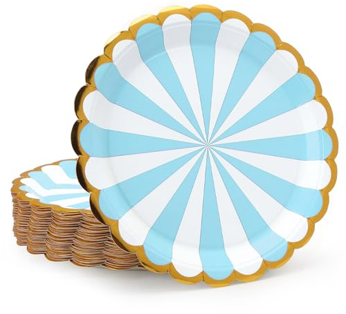 PARTY GO Lot de 50 assiettes en carton bleu de 22,86 cm pour dîner et dessert, lot de vaisselle jetable pour fournitures de fête pour remise de diplômes, vacances, mariage, anniversaire, fête, baby