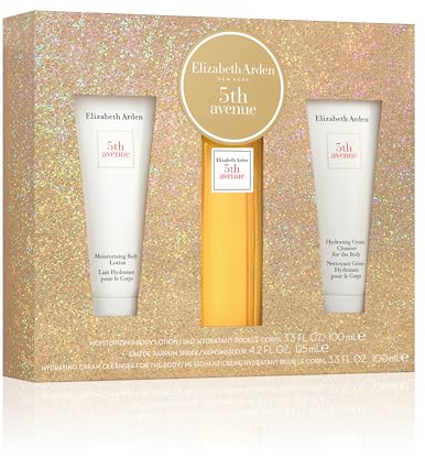 Elizabeth Arden Set Eau de Parfum für Damen, 5th Avenue, feuchtigkeitsspendende Körpermilch, feuchtigkeitsspendende Reinigungscreme, Geschenk für Damen, blumiger und verführerischer Duft