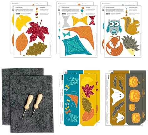 Familienmomente Maxi-Bastelset zum Prickeln Herbst, 10 Prickelvorlagen (je 2x Herbst-Windlichter, Halloween-Windlichter, Blätter, Drachen, Waldtiere) DIN A5, 2x Prickelfilz, 2x Prickelnadel,