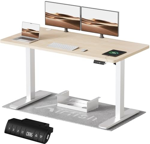 Airfish Höhenverstellbarer Schreibtisch mit USB-Buchse, Elektrisch Schreibtisch mit Kabelwanne, Computertisch, Bürotisch, Stehpult mit Erinnerung an sitzende Tätigkeiten, 160x80 cm, Beige