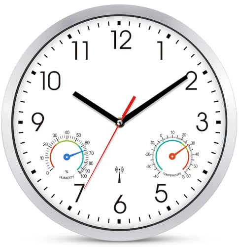 Ziprote Wanduhr Funk Lautlos Funkwanduhr Geräuschlos Funkuhr Wand 25cm Weiß | Wanduhren Ohne Tickgeräusche Modern Wandfunkuhr Uhr Mit Temperaturanzeige und Luftfeuchtigkeit für Küche Wohnzimmer Büro