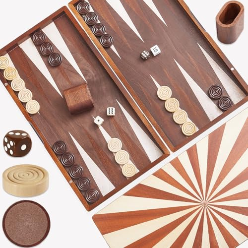 Holz Backgammon Set für Erwachsene 15,7 Zoll Faltbarer Spielbrett mit Holz Würfelbechern Premium großes tragbares Reisespiel
