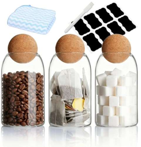 Tea Coffee Sugar Canisters Set, 3 Cork Ball Glass Jars 750 ML, Coffee Jars | Spice Jars, kitchen Storage Jars, for Kitchen Food Storage Organiser, Coffees, sugar cubes, spices, etc