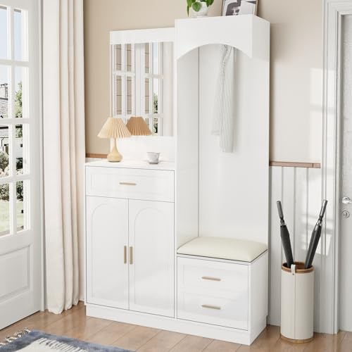 phosir Weiße Flurgarderobe mit Spiegel & Sitzbank | Kompaktgarderobe & Garderobenschrank 110 L x 33 B x 185.5 H(cm) | Garderobenset Modern mit Schuhschrank | Garderobe geschlossen für Kleine Räume