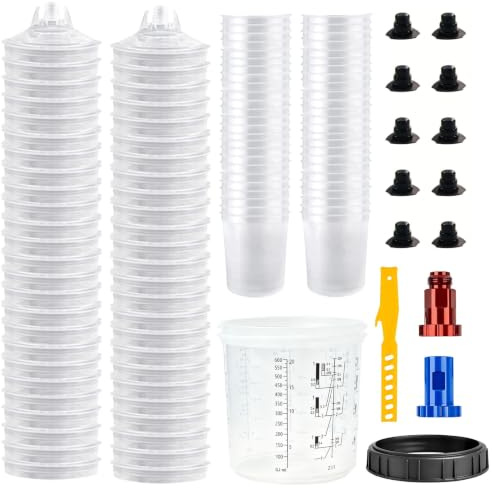 Godet de Peinture pour Pistolet Pulvérisateur, 650ML Gobelet de mélange de Peinture avec 20 gobelets et couvercles, 1 gobelet Dur avec Anneau de retenue, 2 Adaptateur pour Pistolets à Peinture (50PCS)